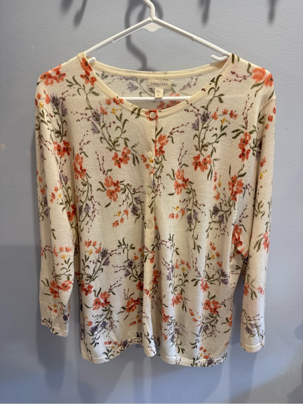 Garnet Hill Cream Floral Button-Front Cardigan with Orange Blossoms